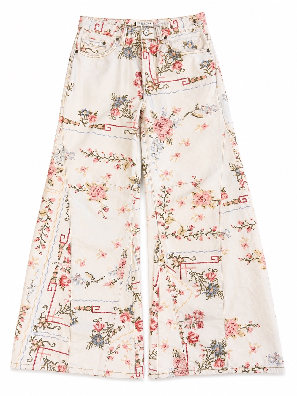 Free People We The Free Eden Slouch Jeans Cross Stitch Ivory Floral Size 26 - Picture 3 of 12